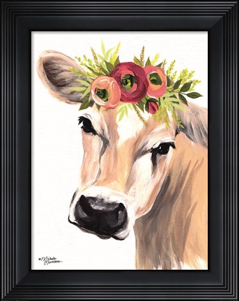 Framed Jersey Cow with Floral Crown Print