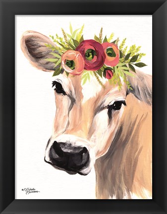 Framed Jersey Cow with Floral Crown Print