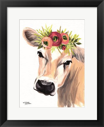 Framed Jersey Cow with Floral Crown Print