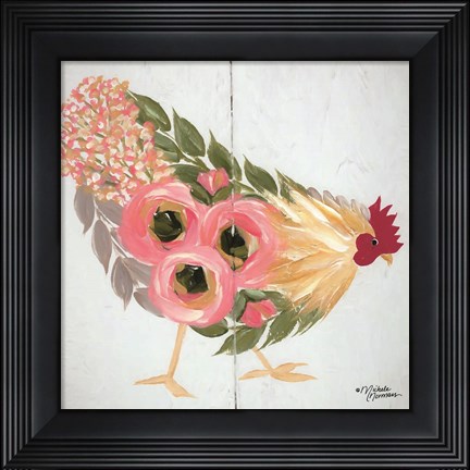 Framed Floral Hen on White Print