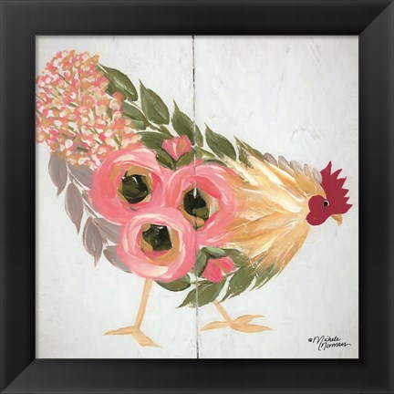 Framed Floral Hen on White Print