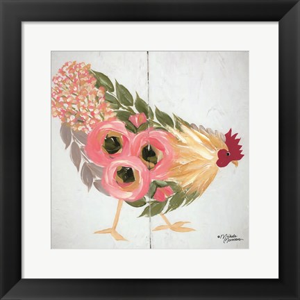 Framed Floral Hen on White Print