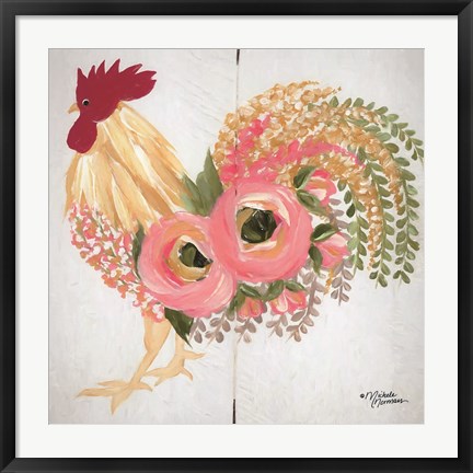 Framed Floral Rooster on White Print