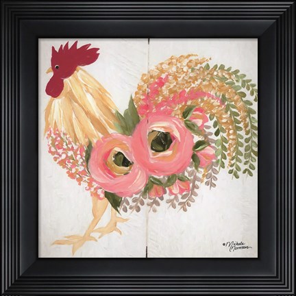 Framed Floral Rooster on White Print