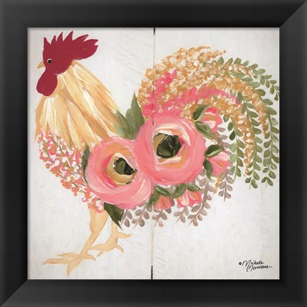 Framed Floral Rooster on White Print