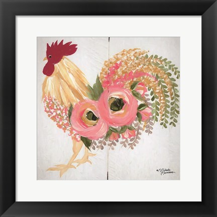 Framed Floral Rooster on White Print