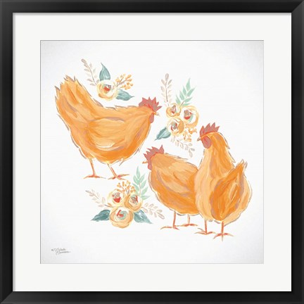 Framed Trio of Floral Roosters Print