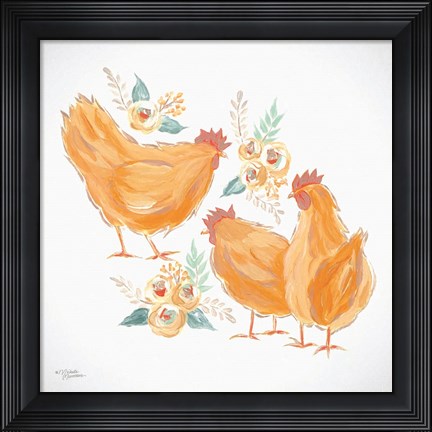 Framed Trio of Floral Roosters Print