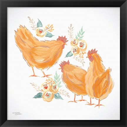 Framed Trio of Floral Roosters Print