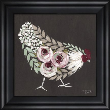 Framed Floral Hen Mint and Pink Print