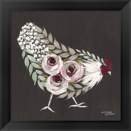 Framed Floral Hen Mint and Pink Print