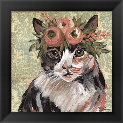 Framed Cat with Floral Crown Print