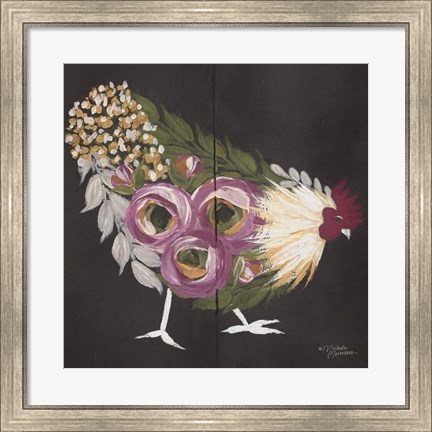 Framed Floral Hen on Black Print