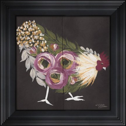 Framed Floral Hen on Black Print