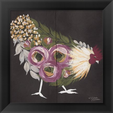 Framed Floral Hen on Black Print