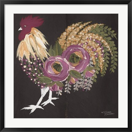 Framed Floral Rooster on Black Print