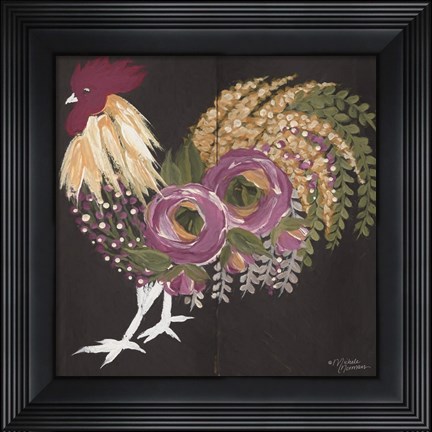 Framed Floral Rooster on Black Print