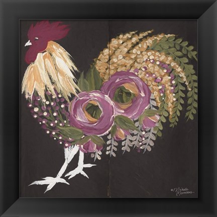 Framed Floral Rooster on Black Print