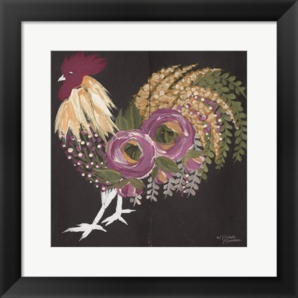 Framed Floral Rooster on Black Print