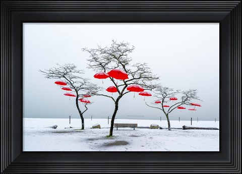 Framed Red Umbrellas Print