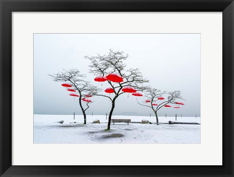 Framed Red Umbrellas Print