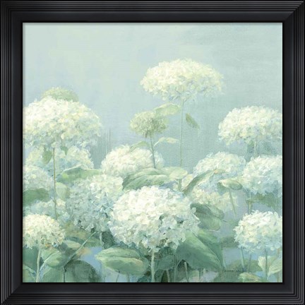 Framed White Hydrangea Garden Sage Crop Print