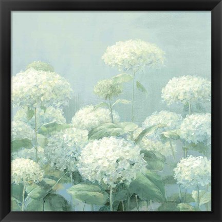 Framed White Hydrangea Garden Sage Crop Print