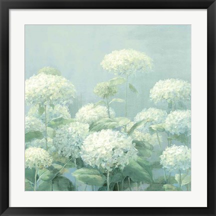 Framed White Hydrangea Garden Sage Crop Print