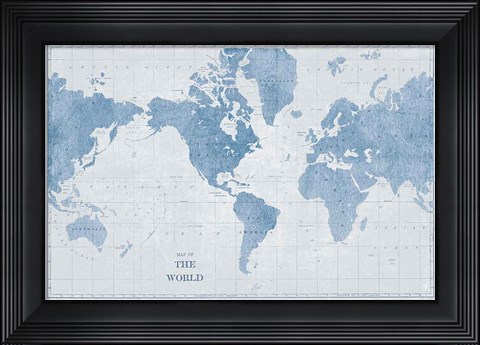 Framed World Map White and Blue Print