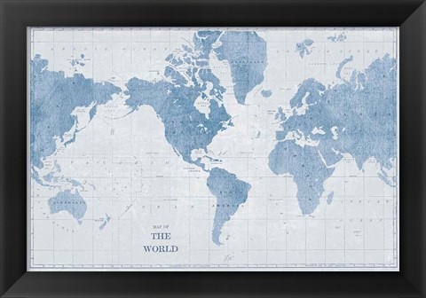 Framed World Map White and Blue Print