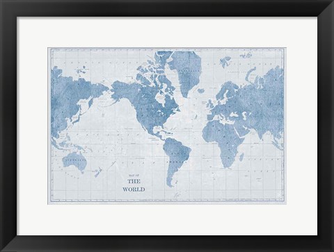 Framed World Map White and Blue Print