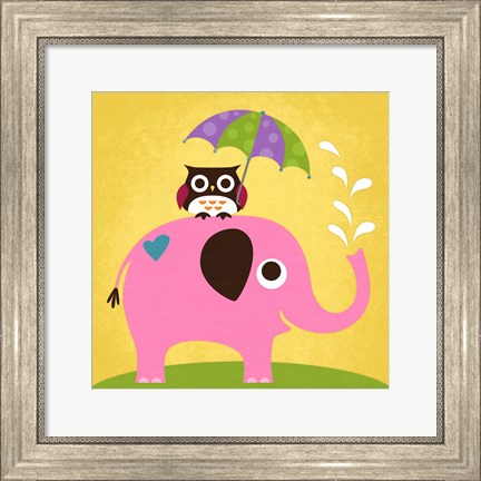 Framed Elephant and Owl with Umbrella Print
