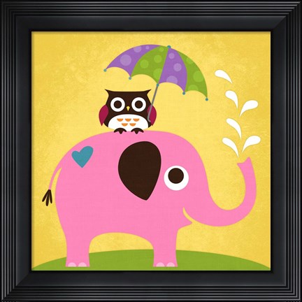 Framed Elephant and Owl with Umbrella Print
