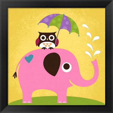 Framed Elephant and Owl with Umbrella Print