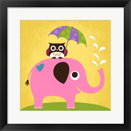 Framed Elephant and Owl with Umbrella Print