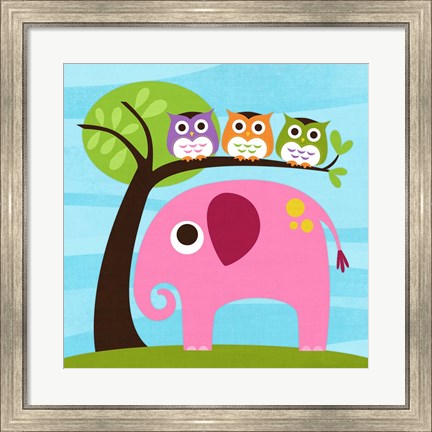 Framed Elephant with Three Owls Print