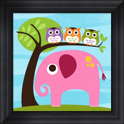Framed Elephant with Three Owls Print