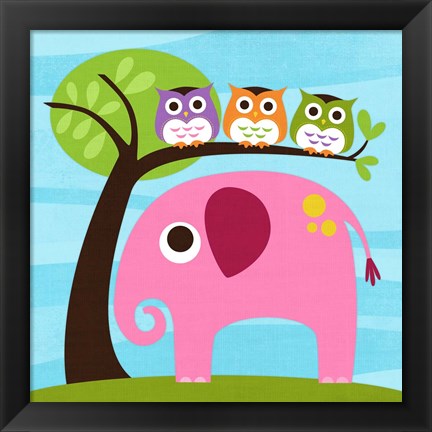 Framed Elephant with Three Owls Print