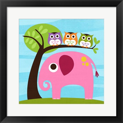 Framed Elephant with Three Owls Print