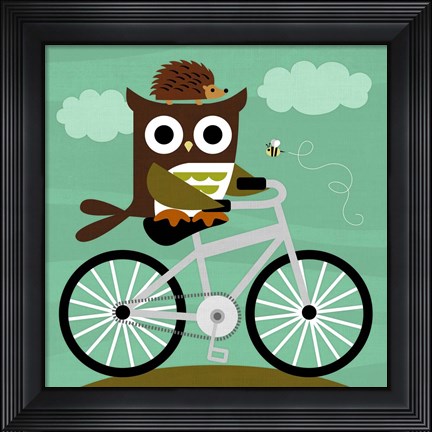 Framed Owl and Hedgehog on Bicycle Print