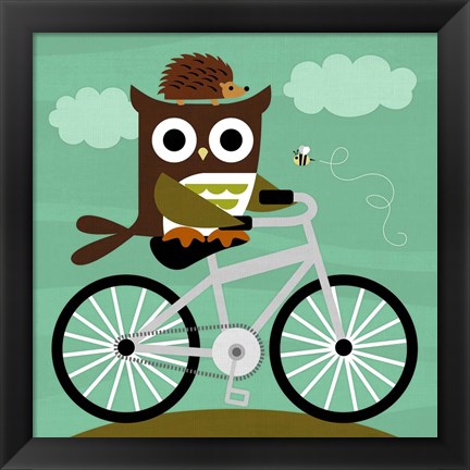 Framed Owl and Hedgehog on Bicycle Print