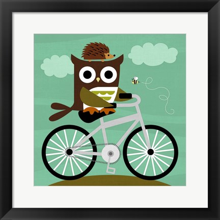 Framed Owl and Hedgehog on Bicycle Print