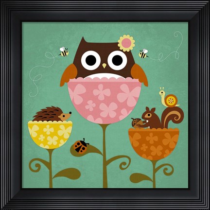 Framed Owl, Squirrel and Hedgehog in Flowers Print
