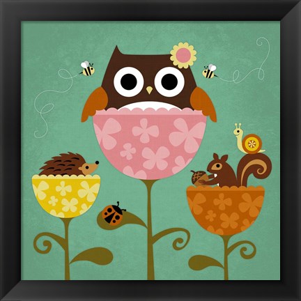 Framed Owl, Squirrel and Hedgehog in Flowers Print