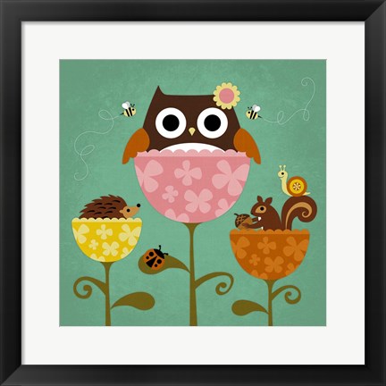 Framed Owl, Squirrel and Hedgehog in Flowers Print