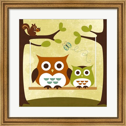 Framed Two Owls on Swing Print