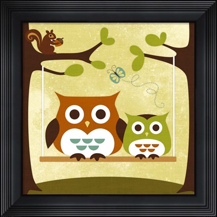 Framed Two Owls on Swing Print