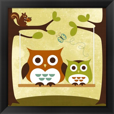 Framed Two Owls on Swing Print
