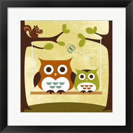 Framed Two Owls on Swing Print