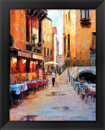 Framed Street Cafe after Rain Print